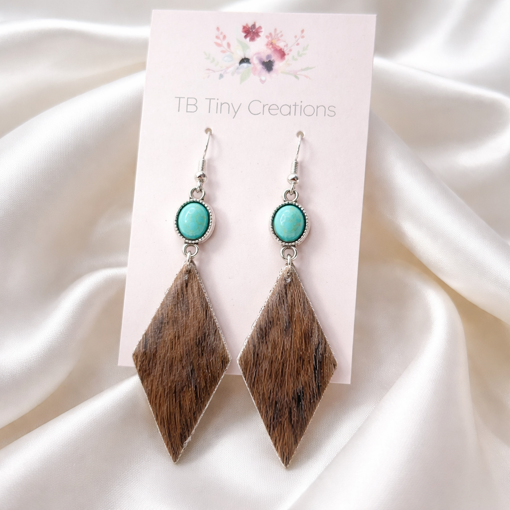 Diamond Cowhide Earrings with Turquoise Accents