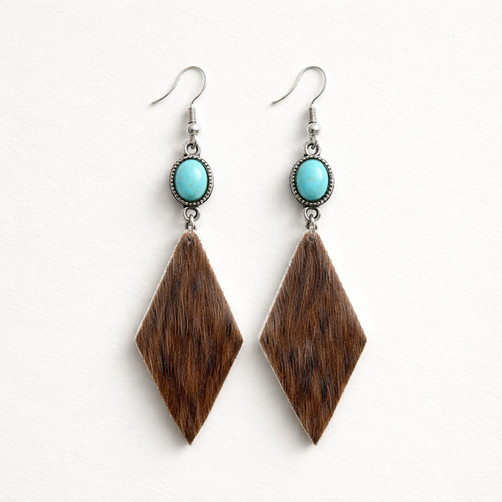 Diamond Cowhide Earrings with Turquoise Accents