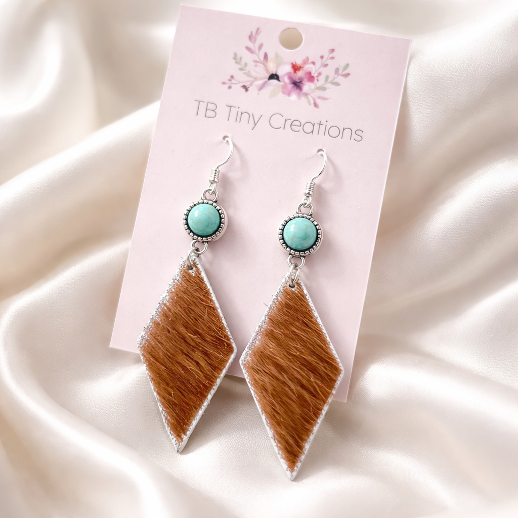 Diamond Cowhide Earrings with Turquoise Accents