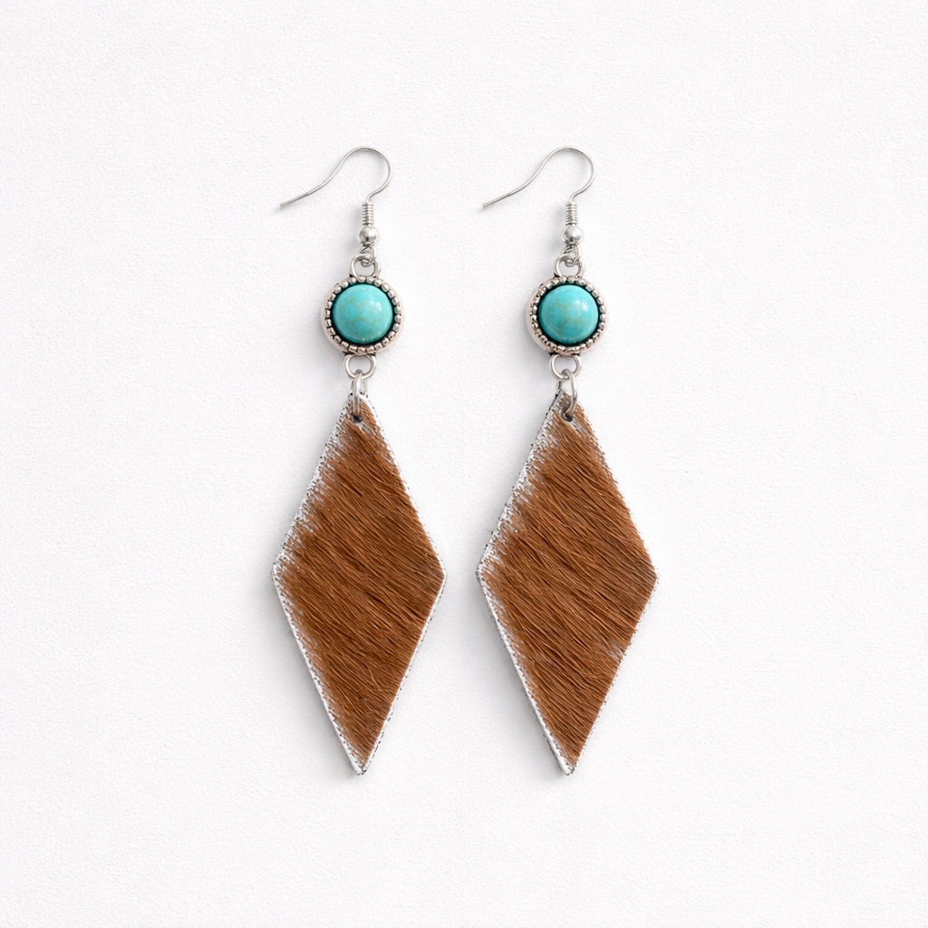 Diamond Cowhide Earrings with Turquoise Accents