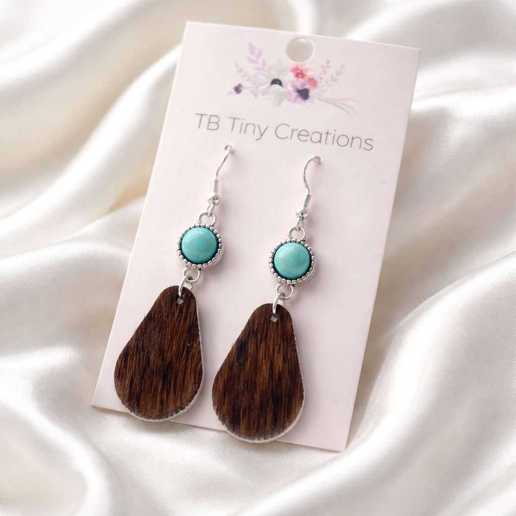 Teardrop Cowhide Earrings with Turquoise Accents