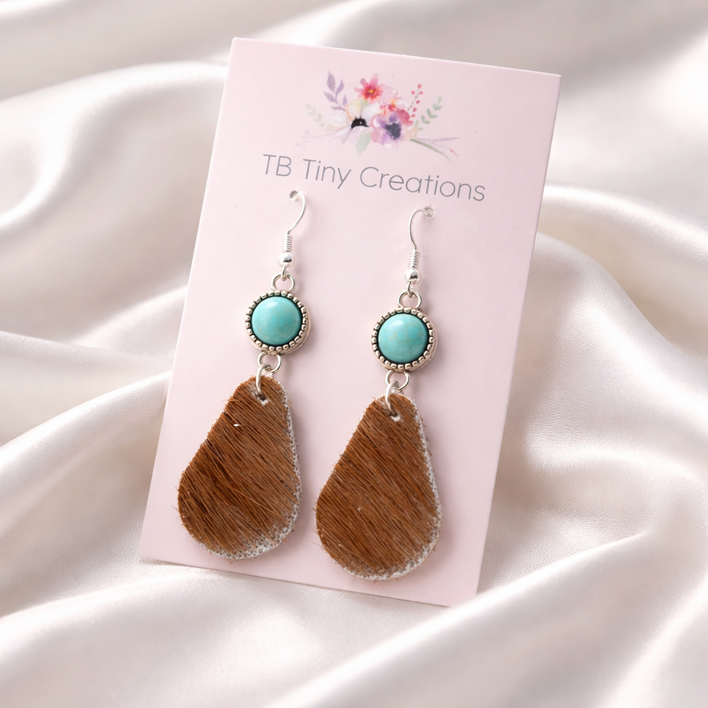 Teardrop Cowhide Earrings with Turquoise Accents