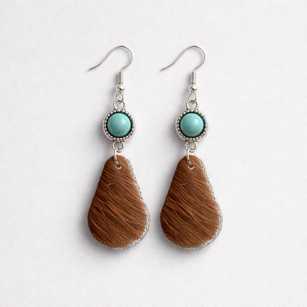 Teardrop Cowhide Earrings with Turquoise Accents
