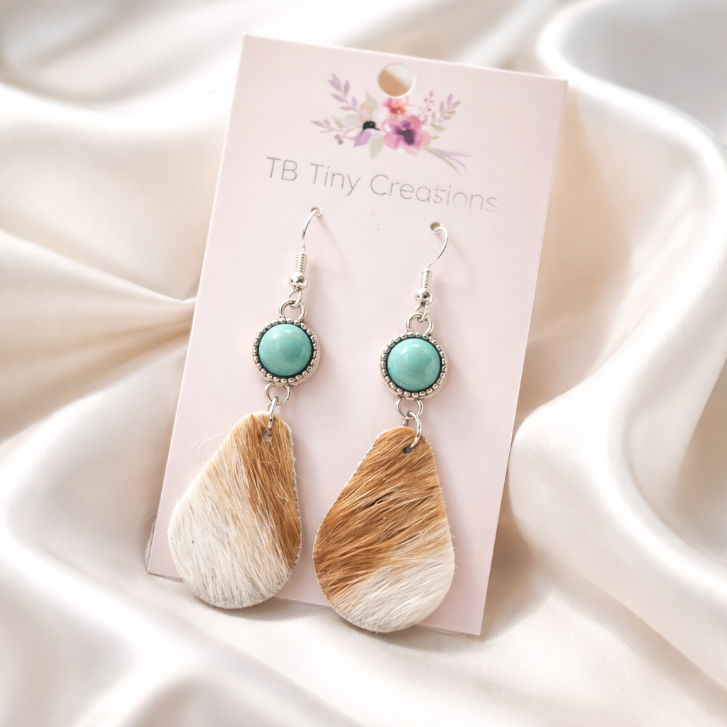 Teardrop Cowhide Earrings with Turquoise Accents