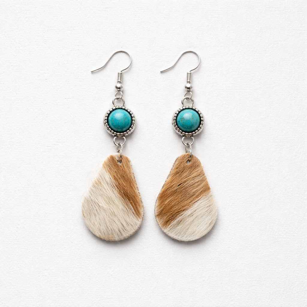 Teardrop Cowhide Earrings with Turquoise Accents