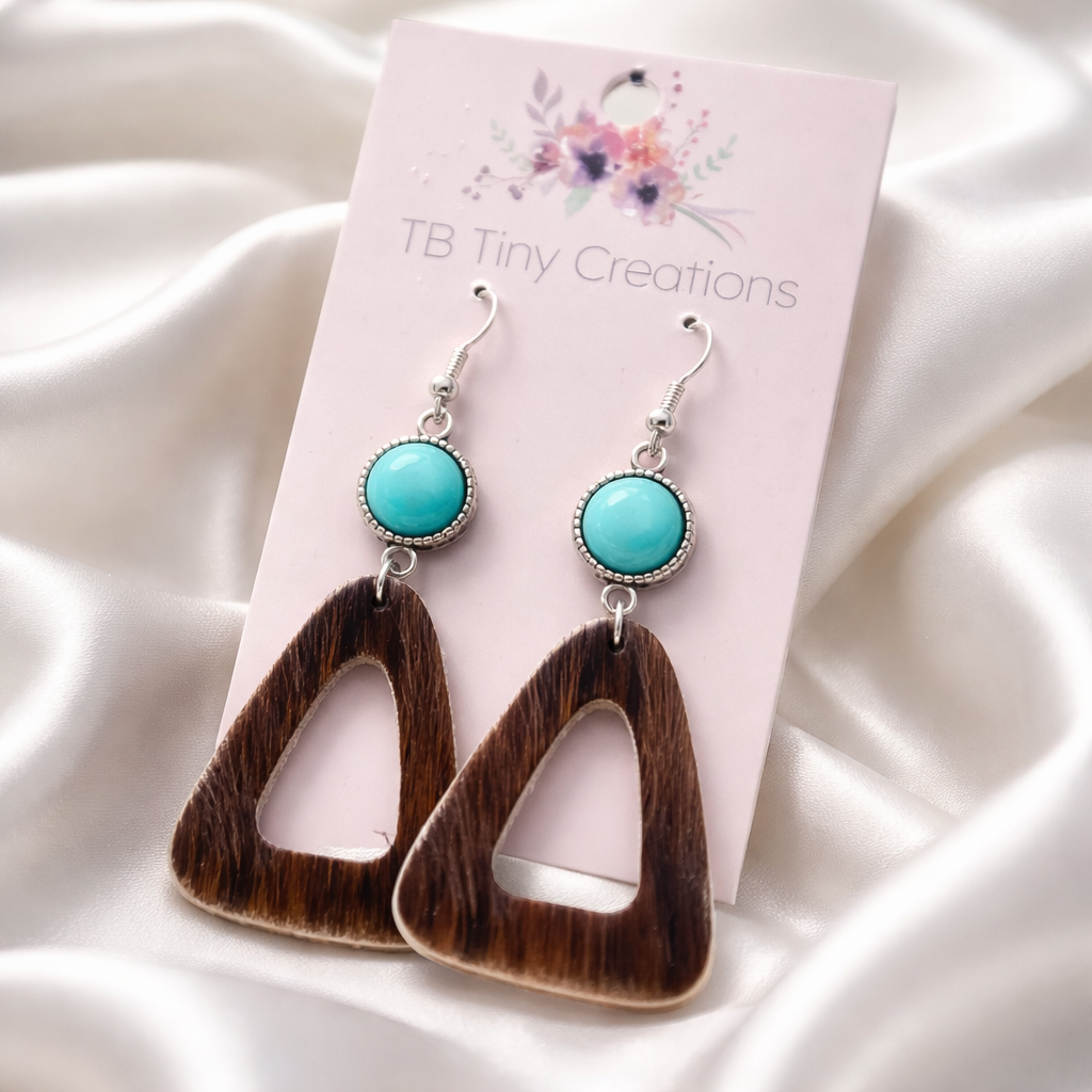 Triangle Cowhide Earrings with Turquoise Accents