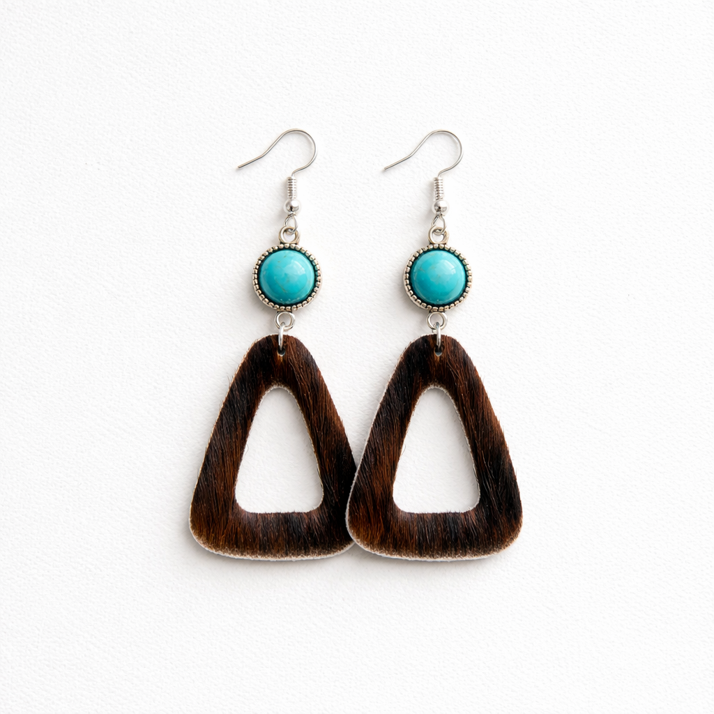 Triangle Cowhide Earrings with Turquoise Accents