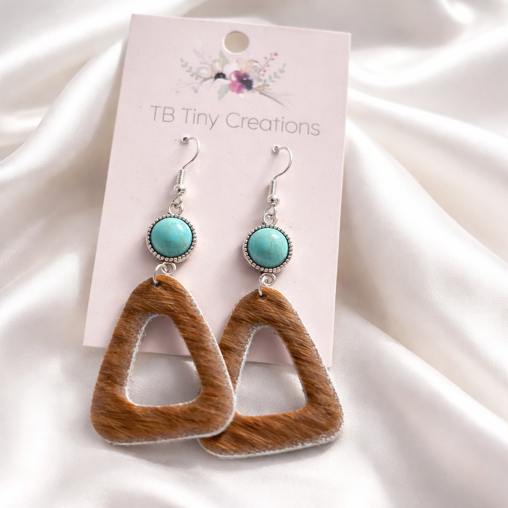 Triangle Cowhide Earrings with Turquoise Accents