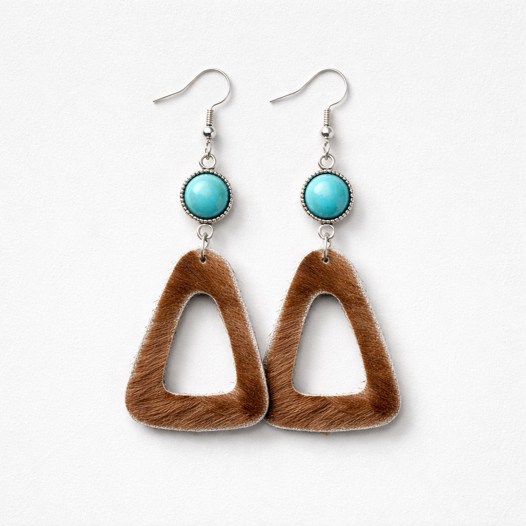 Triangle Cowhide Earrings with Turquoise Accents