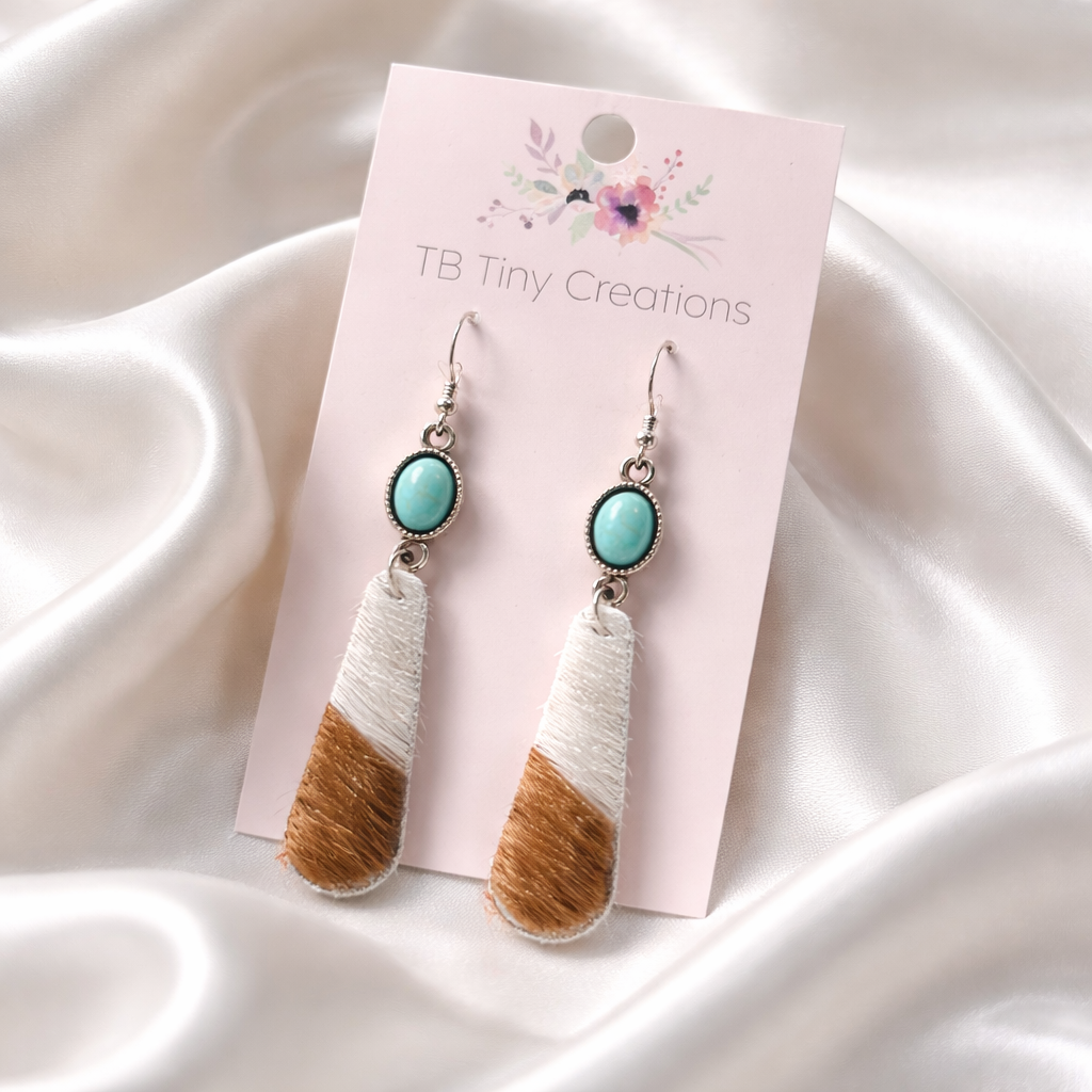Elongated Teardrop Cowhide Earrings with Turquoise Accents