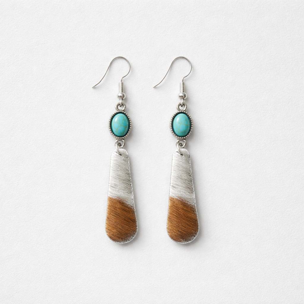 Elongated Teardrop Cowhide Earrings with Turquoise Accents