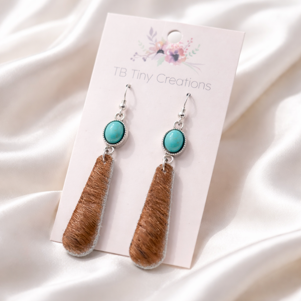 Elongated Teardrop Cowhide Earrings with Turquoise Accents