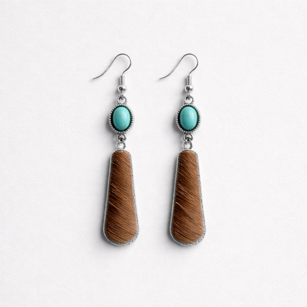 Elongated Teardrop Cowhide Earrings with Turquoise Accents