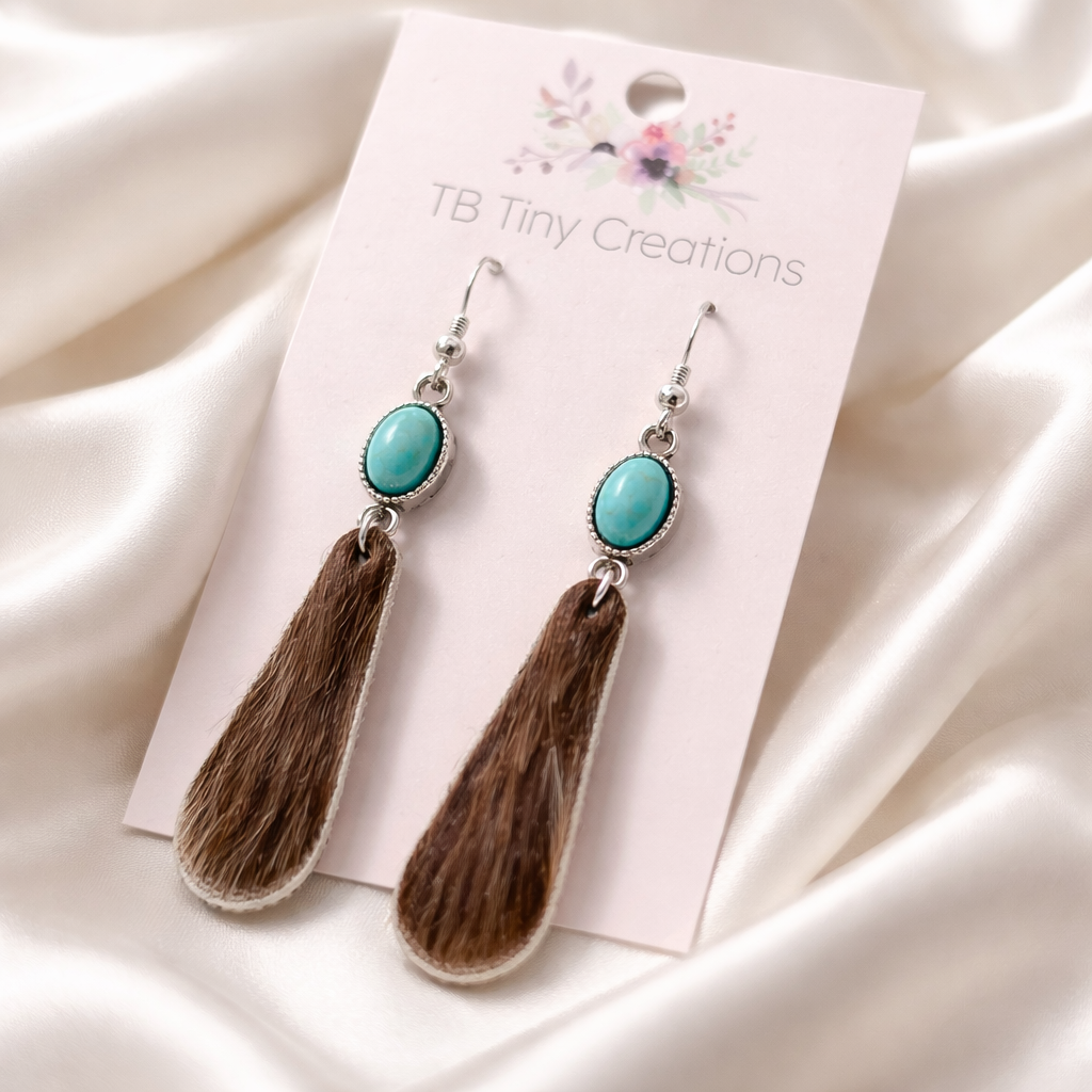 Elongated Teardrop Cowhide Earrings with Turquoise Accents