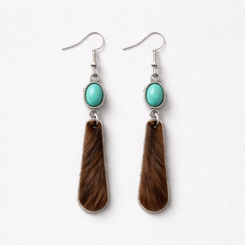 Elongated Teardrop Cowhide Earrings with Turquoise Accents