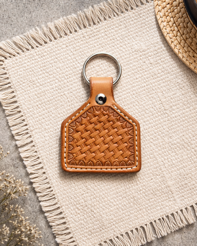 Rope Basket Stamped Leather Keychain